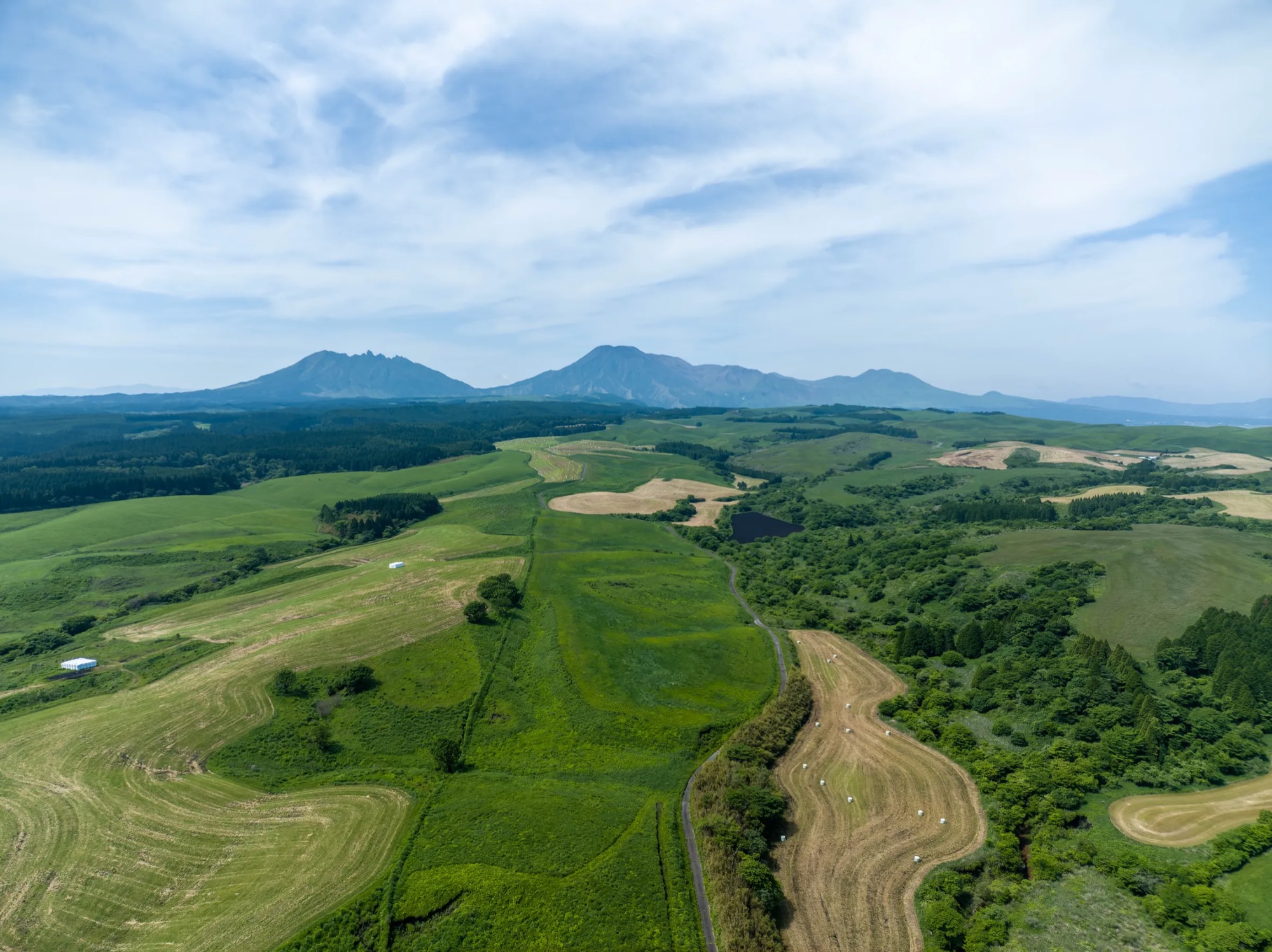 阿蘇の草原に広がるドローンフィールドの空撮